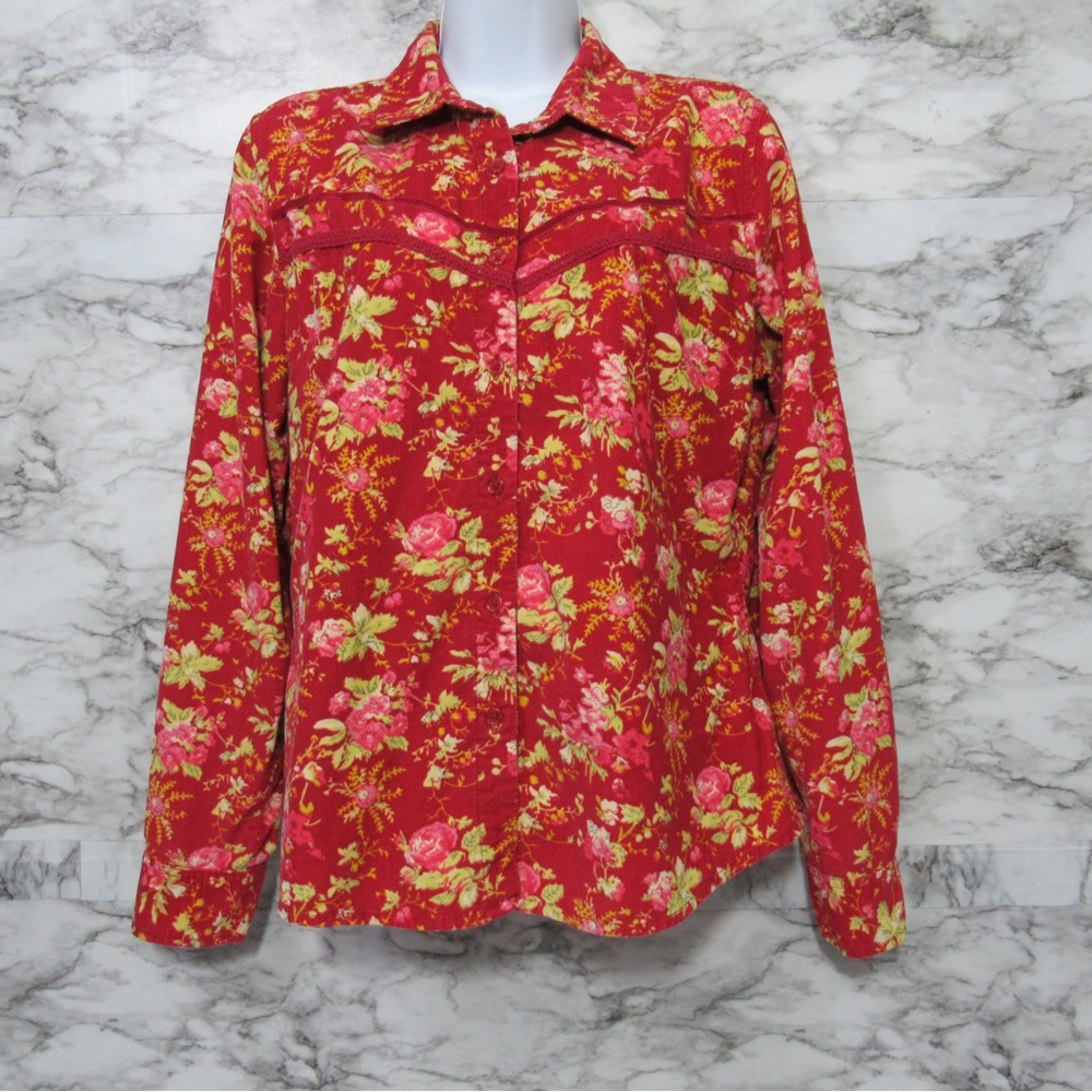 Red Floral Corduroy Western Button Down Shirt Size Medium